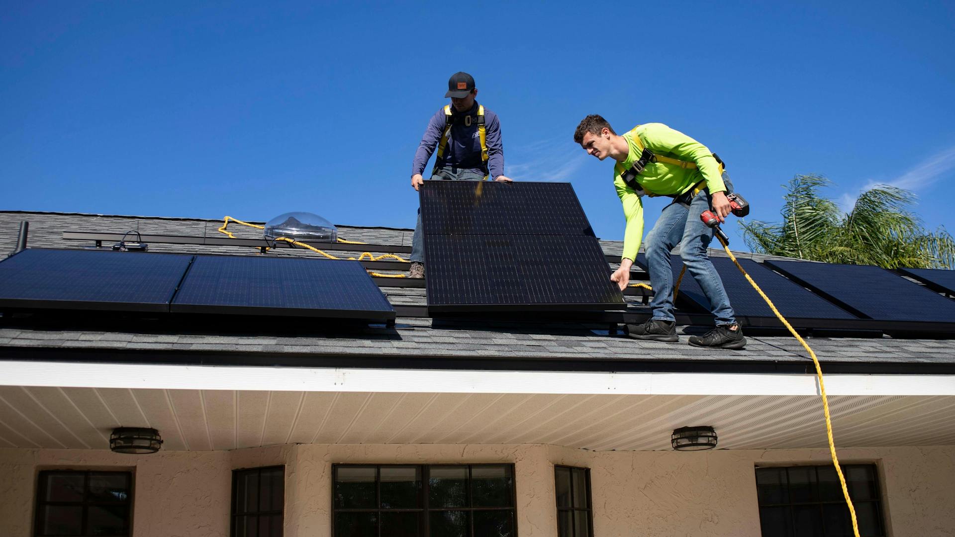 Solar panels workers installation