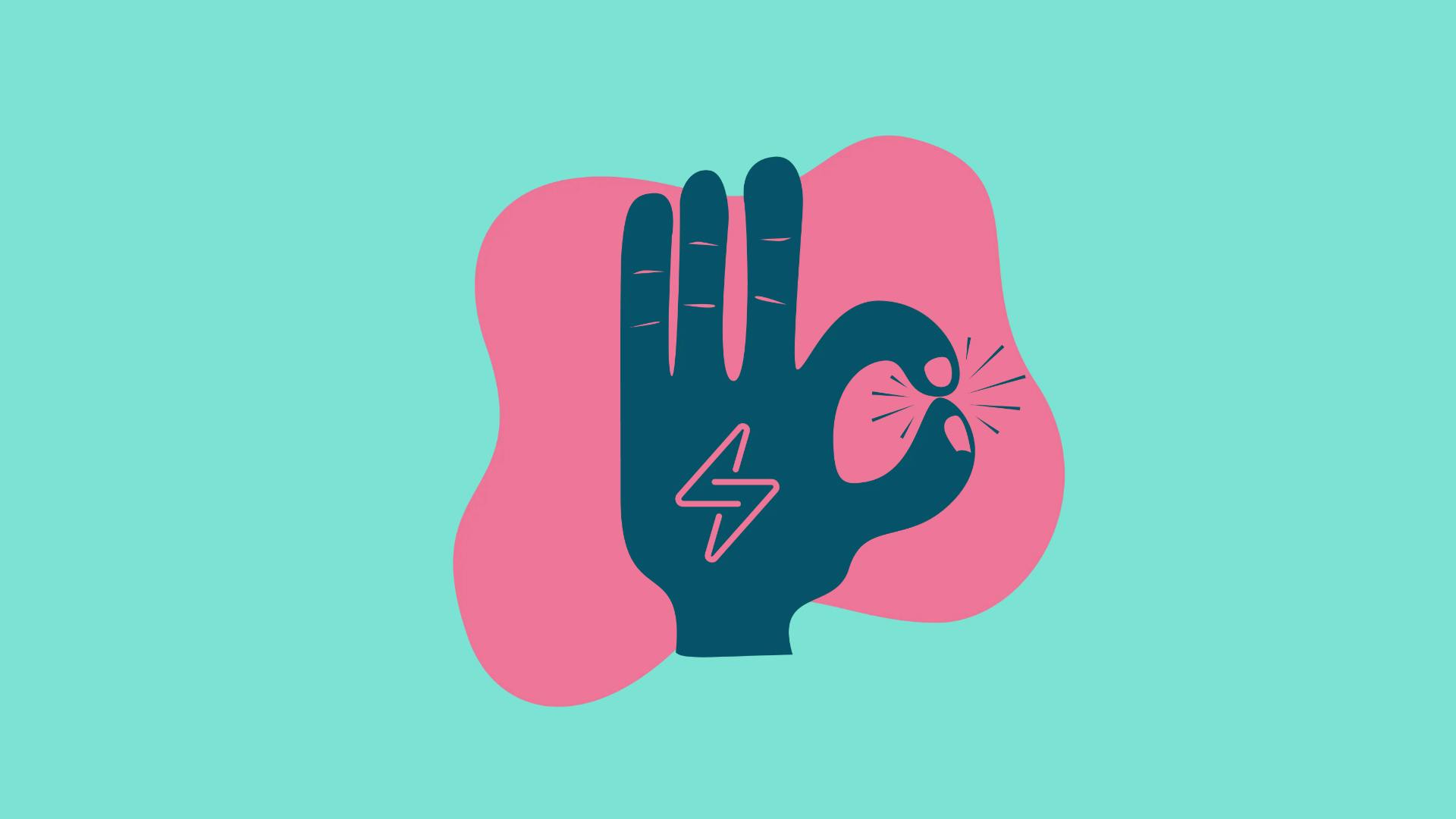 Abstract pink shape with a hand with Tibber logo gesturing OK on it, against a green background