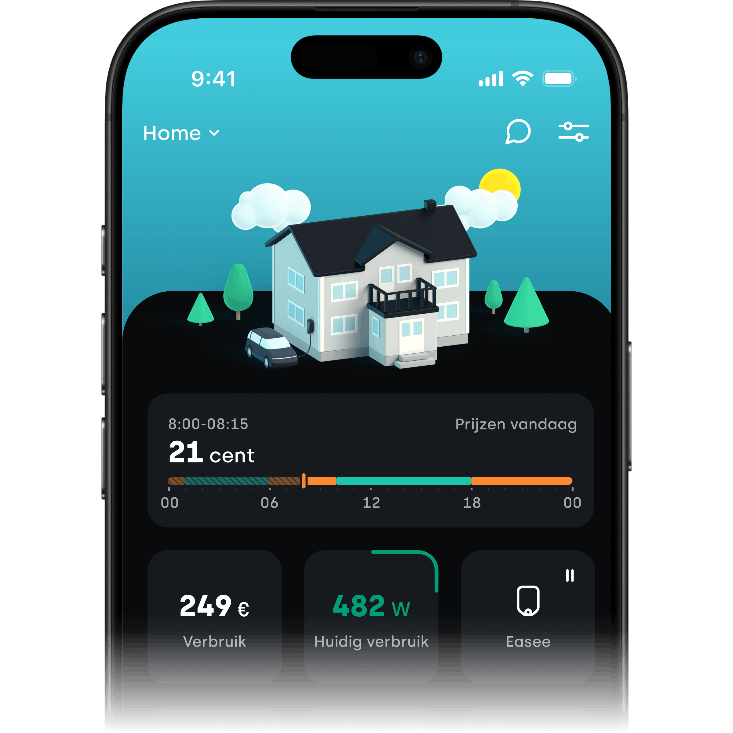 Tibber app homescreen – inzicht in prijs en verbruik