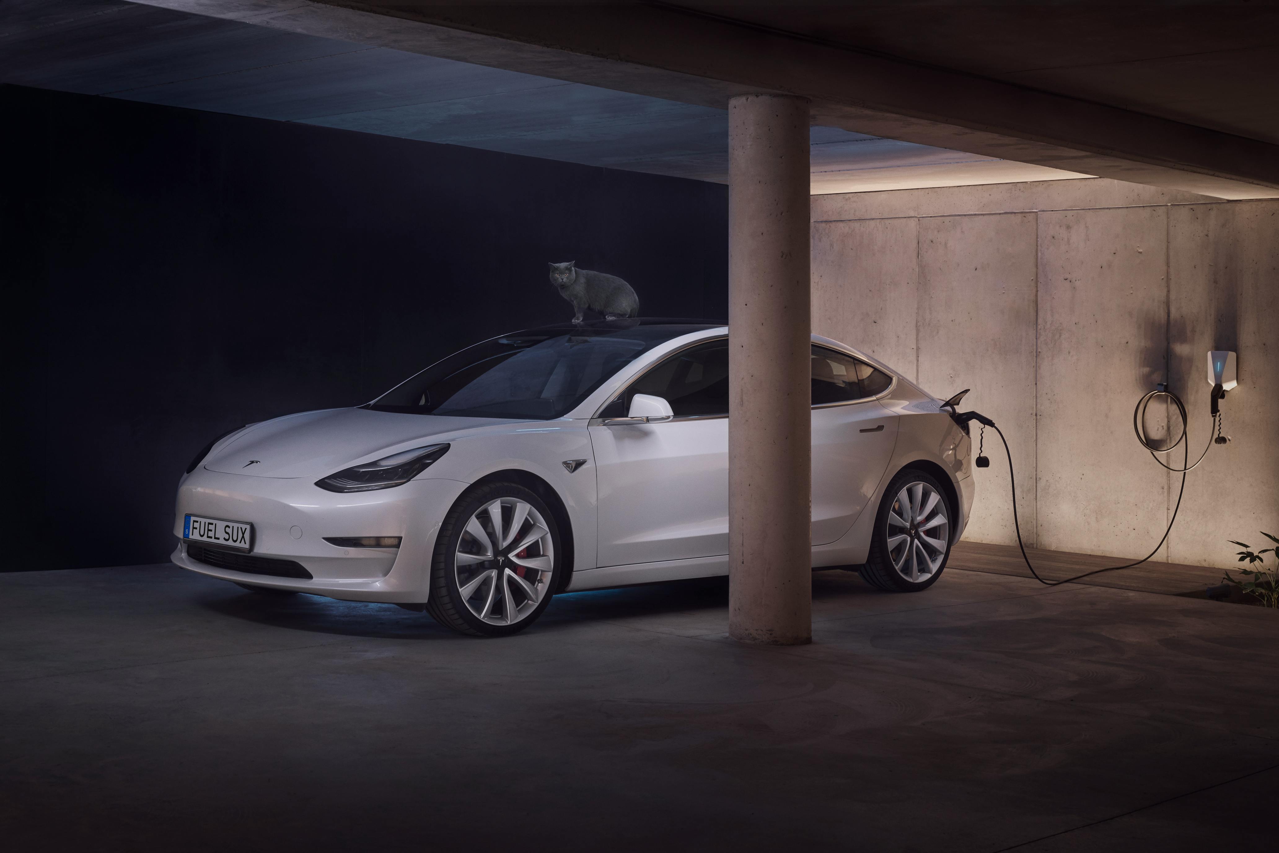 Image of a white Tesla Model S connected to a black Easee charger.