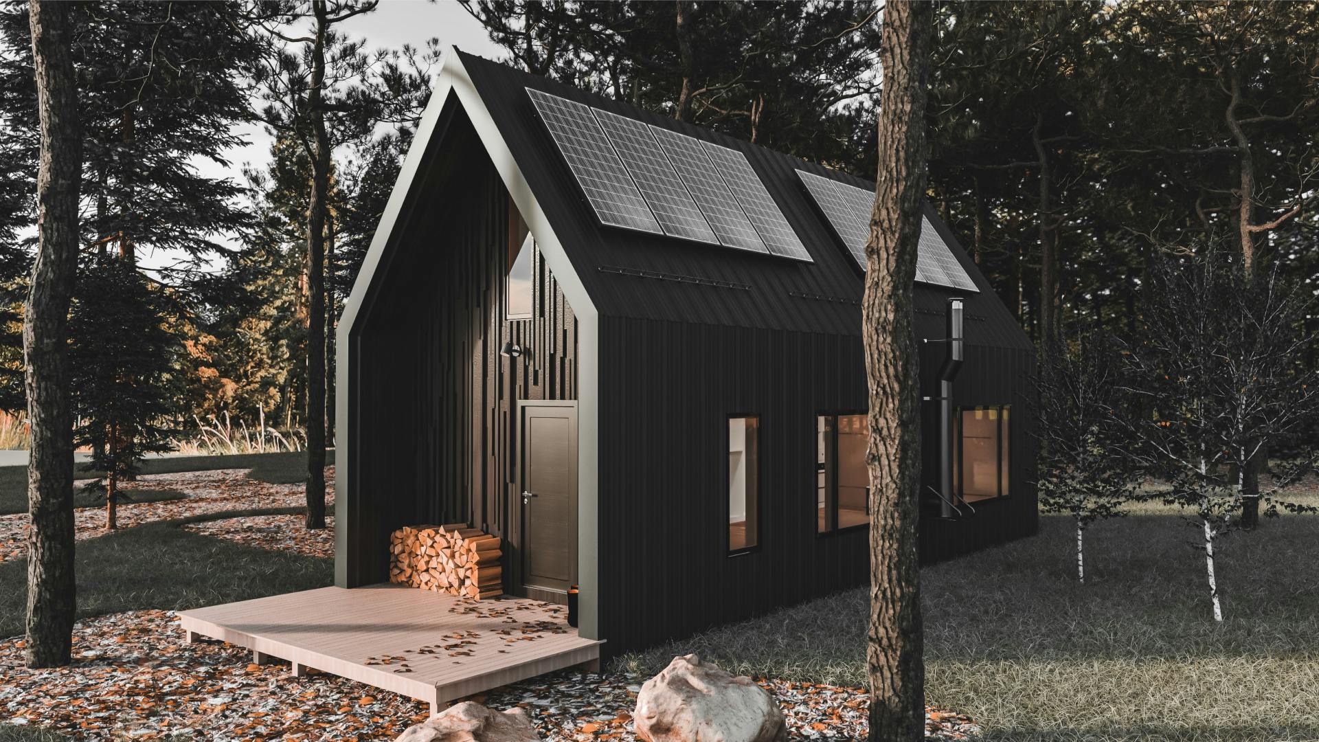 Cosy house in the woods with solar plant on its roof.