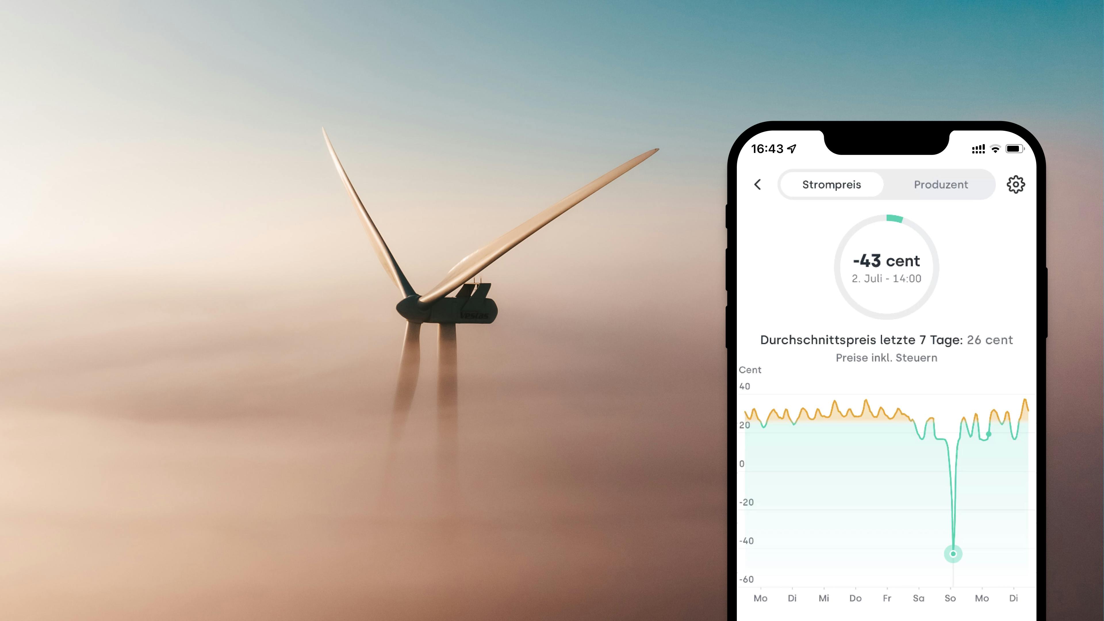 Windkraftanlage mit dem Preisscreen der Tibber App davor, welcher negative Preise zeigt